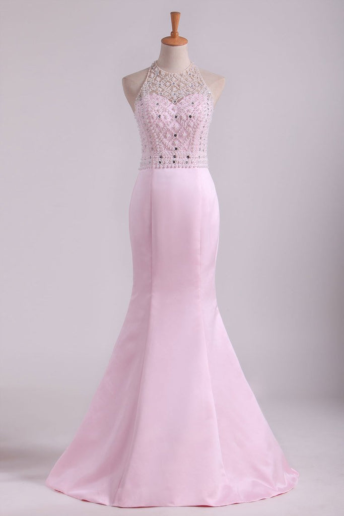 Halter Floor Length Mermaid Prom Dresses Open Back Satin With Beads & Rhinestones
