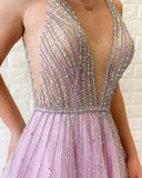 A Line Lilac Deep V Neck Beads Modest Tulle Prom Dresses, Long Formal Dresses SJS15490