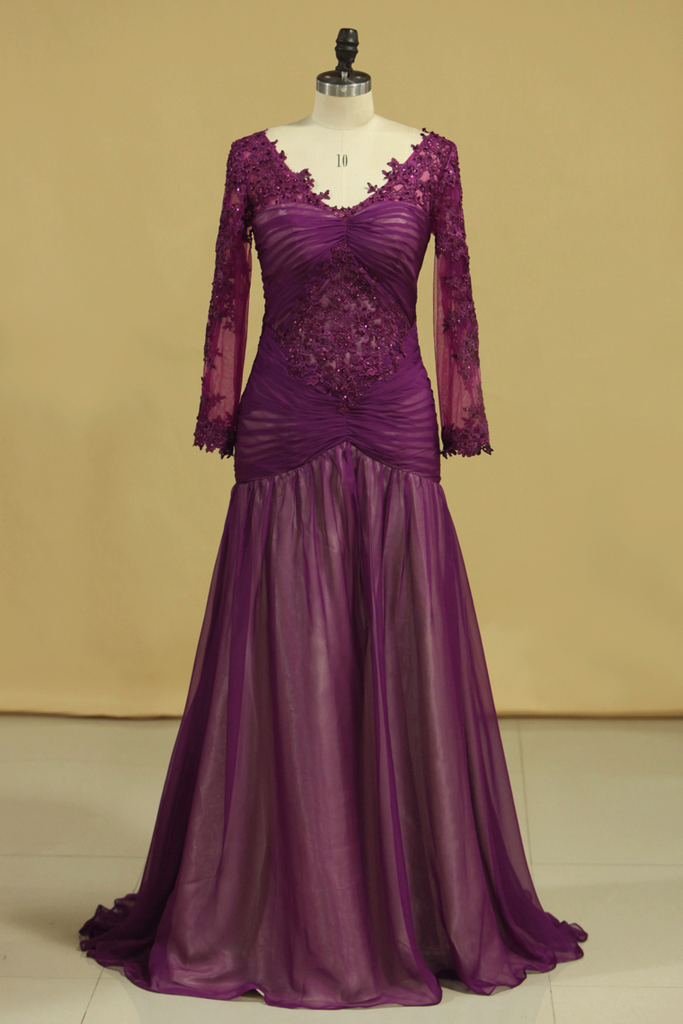 Grape V Neck Long Sleeves Mermaid Evening Dresses Chiffon With Applique And Ruffles