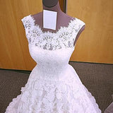 Chic Romantic Open Back A line Short Train Lace Ivory Long Wedding Dresses JS149