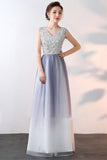 Elegant A-Line Ombre Tulle Beads V-Neck Sleeveless Open Back Prom Dresses UK JS536