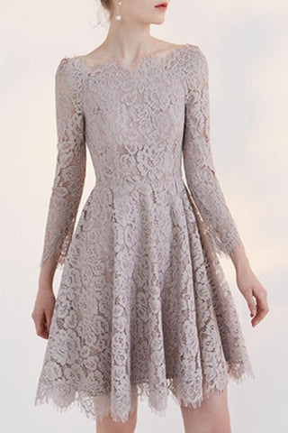 Gray A Line Long Sleeve Lace Appliques Short Homecoming Dresses