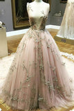 Ball Gown Court Train Deep V Neck Sleeveless Layers Tulle Appliques Prom Dresses