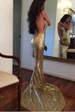 Sequin Mermaid Long Gold Sexy Deep V-Neck Spaghetti Strap Backless Sparkly Prom Dresses JS371
