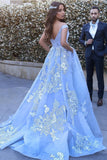 Blue Ball Gown Court Train V Neck Off Shoulder V Back Long Prom Dresses