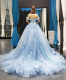 Light Sky Blue Off The Shoulder Ball Gown Tulle Prom Dress With Applique
