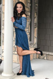 Dark Teal Two Piece Long Sleeves Lace Chiffon Slit Off Shoulder Prom Dresses UK JS525