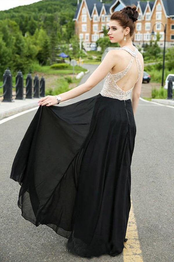 Classy A-line Scoop Chiffon Tulle Crystal Detailing Black Open Back Prom Dresses JS525