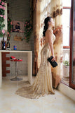 Sparkle Golden Sheath Sweep Train Deep V Neck Sleeveless Backless Sequin Long Prom Dresses