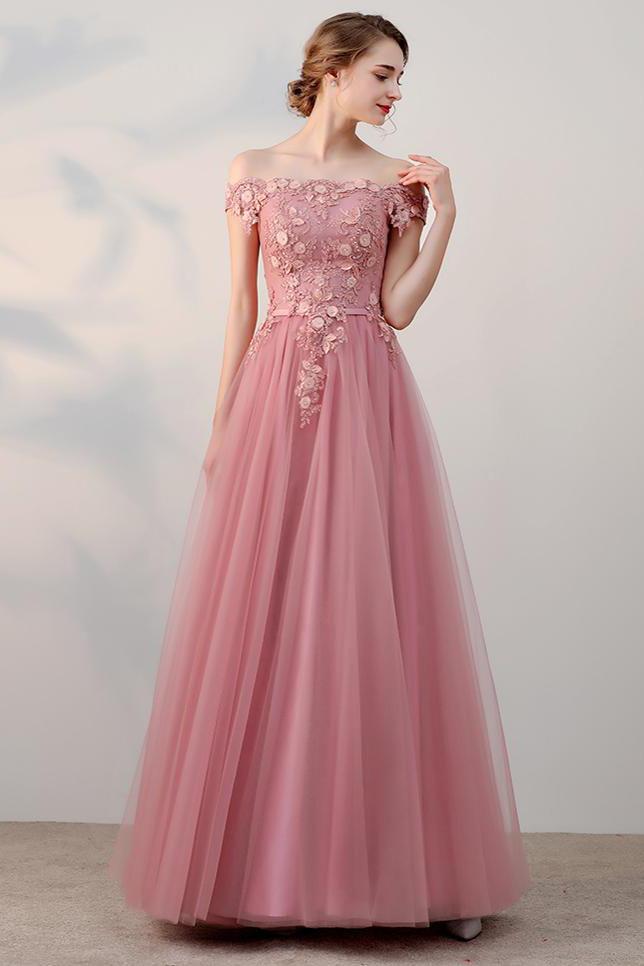 Chic A-Line Off-the-Shoulder Pink Appliques Lace-up Tulle Modest Long Prom Dresses JS410