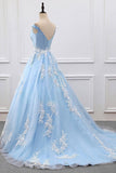 2024 Sky Blue Appliques Charming Ball Gown Off-the-Shoulder V-Neck Prom Dresses JS573