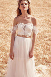 Unique A-Line Two Pieces Off-the-Shoulder Ivory Tulle Princess Lace Wedding Dresses UK JS405