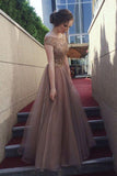 Gorgeous A-Line Backless Cap Sleeves Scoop Tulle Brown Long Prom Dresses UK JS424