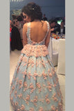 Blue Ball Gown Floor Length V Neck Sleeveless Open Back Floral Long Prom Dresses