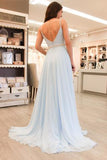Gorgeous Straps Light Sky Blue Chiffon V-Neck Backless Sleeveless A Line Long Prom Dress JS485