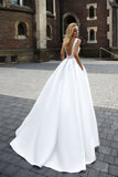 A-Line Sleeveless Long Ivory Pleated Prom Dress Backless Bateau Satin Wedding Dresses UK JS337