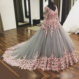 Ball Gown Chapel Train V Neck Long Sleeve Layers Tulle Appliques Prom Dresses