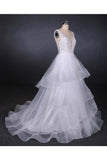 Unique V Neck Sleeveless Tulle Wedding Dresses, Asymmetrical Long Bridal Dresses