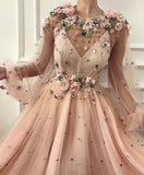 Charming A Line Long Sleeve Long Party Dresses Flowers Tulle Beads Formal Dresses SJS15090