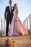 A Line Deep V Neck Beaded Bodice Blush Pink Prom Dresses, Evening Dresses SJS15487