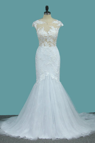 Scoop Tulle Mermaid Wedding Dresses With Applique Sweep Train Open Back