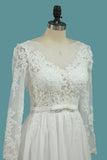 Long Sleeves A Line Scoop Wedding Dresses With Applique And Sash