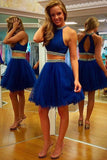 Two Piece Scoop Short Tulle Backless Royal Blue Cocktail Homecoming Dress with Beaded JS455