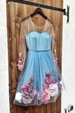 Unique Long Sleeve Blue Short Prom Dresses With 3D Appliques, Homecoming Dress SJS15604