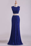 Sheath Open Back Two Pieces Prom Dresses Lace With Applique & Beading Dark Royal Blue