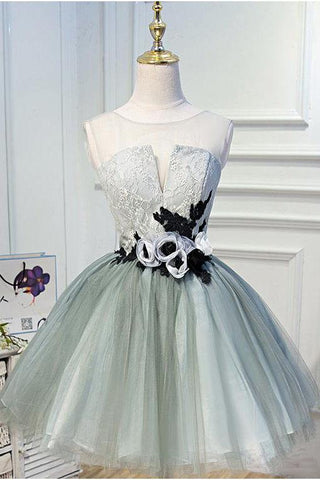 Luxury Waist Flowers See Through Backside Lolita Dress, Short Tulle Homecoming Dresses SJS14980