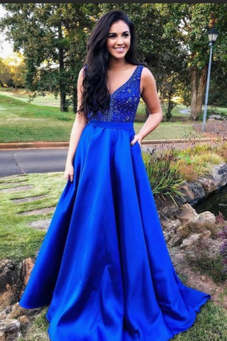 Prom Dresses V Neck Satin With Beads&Sequins