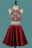 Two-Piece Scoop Beaded Bodice Homecoming Dresses Satin A Line