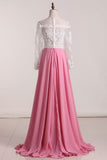Scoop Long Sleeves Chiffon Evening Dresses A Line With Applique And Beads