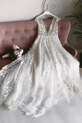 Elegant A-line V-neck Long Prom Dresses Appliques Backless Wedding Dresses SJS15154