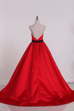 Satin A Line Prom Dresses Halter With Beads Open Back