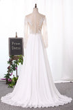 Bateau Wedding Dresses Long Sleeves A Line Chiffon With Applique And Slit