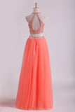 Two-Piece Halter A Line Prom Dresses Beaded Bodice Tulle Floor Length