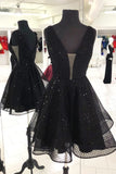 Black Lace Prom Dress Short V Neck Homecoming Dress JS334