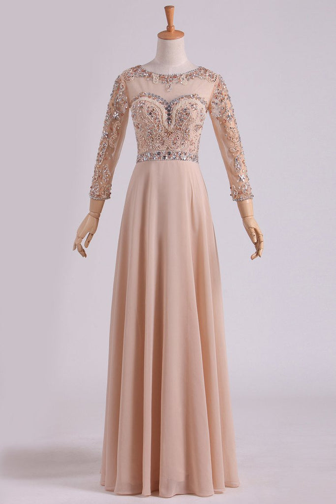 Prom Dresses Scoop 3/4 Length Sleeve A Line Chiffon With Beads
