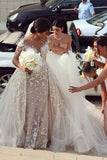 Detachable Train Wedding Dresses Scoop Sheath Tulle With Applique