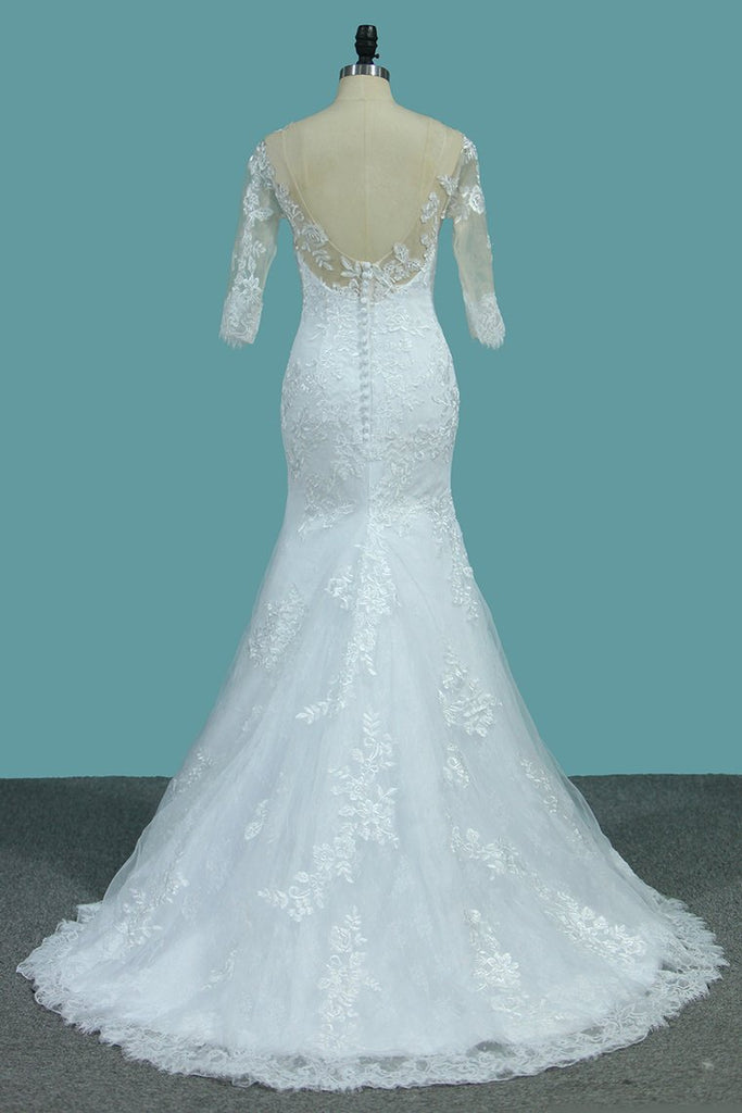 Lace Mermaid Scoop Wedding Dresses With Applique Sweep Train
