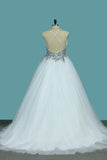 A Line Spaghetti Straps Wedding Dresses Tulle With Beads Open Back