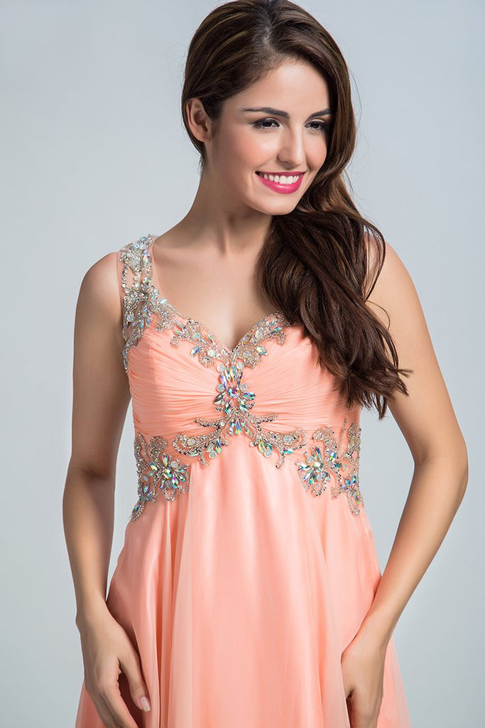 Chiffon V Neck A Line Prom Dresses With Beads And Ruffles