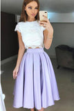 Two Piece Tea-Length Lavender Prom Homecoming Dress With Lace Pleats
