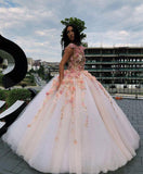 Princess Ball Gown Pink Tulle Prom Dresses with Handmade Flowers, Quinceanera SJS15658