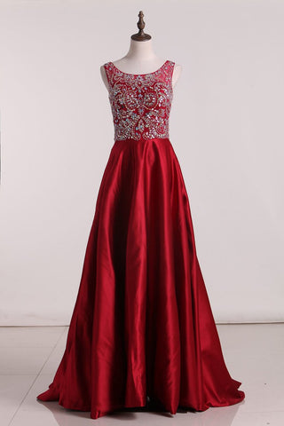 New Arrival A Line Scoop Prom Dresses Two Pieces Satin With Beads&Rinestones