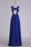 Straps Prom Dresses A Line With Ruffles Chiffon Open Back