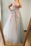 A line V neck Beads Pink Long Tulle Prom Dresses With Floral, Formal Dresses SJS15038