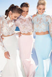 Pale Pink Two Pieces Long Sleeves Lace Mermaid See Through Jewel Neckline Prom Dresses JS201