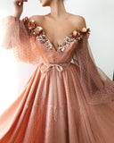 Stunning Long Sleeve Sexy Off the Shoulder Tulle Beading Prom Dresses V Neck Party Dresses SJS15436